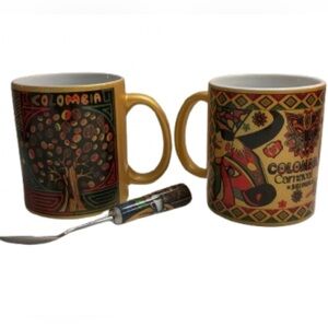 Colombia Themed Ceramic Mug Set - Gold and Multicolor